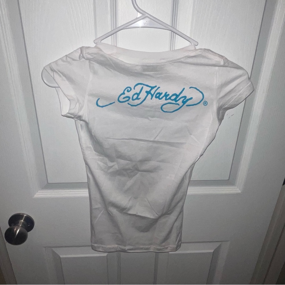 Ed Hardy White Tee with Blue Logo and Graphic - Picture 2 of 3
